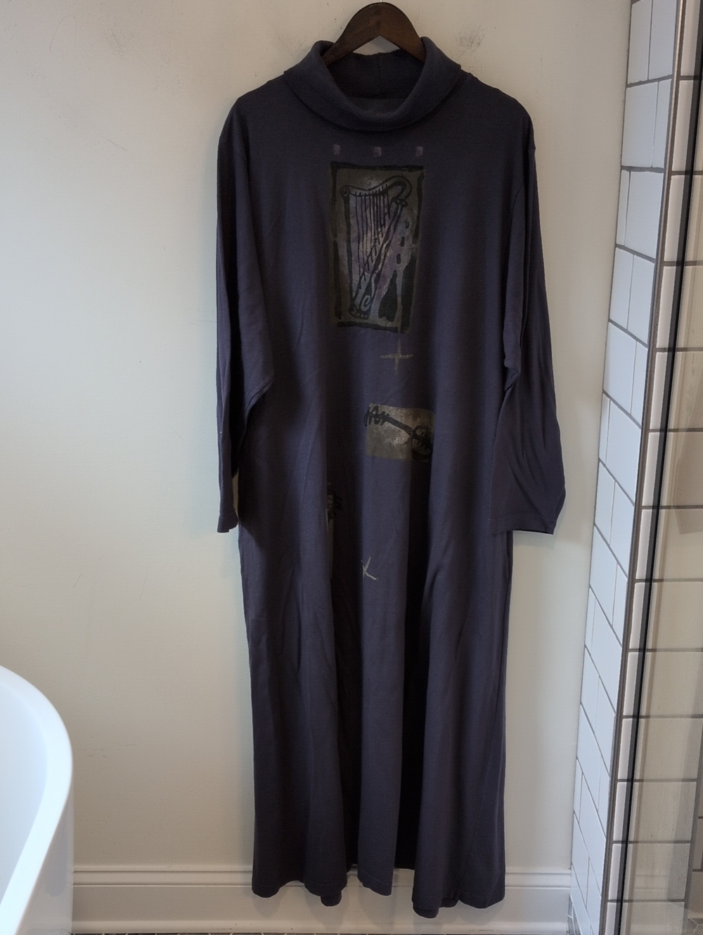 VTG 1995 Blue Fish Women's Maxi Long Sleeve Cotton Dress Music Theme Artsy L/XL